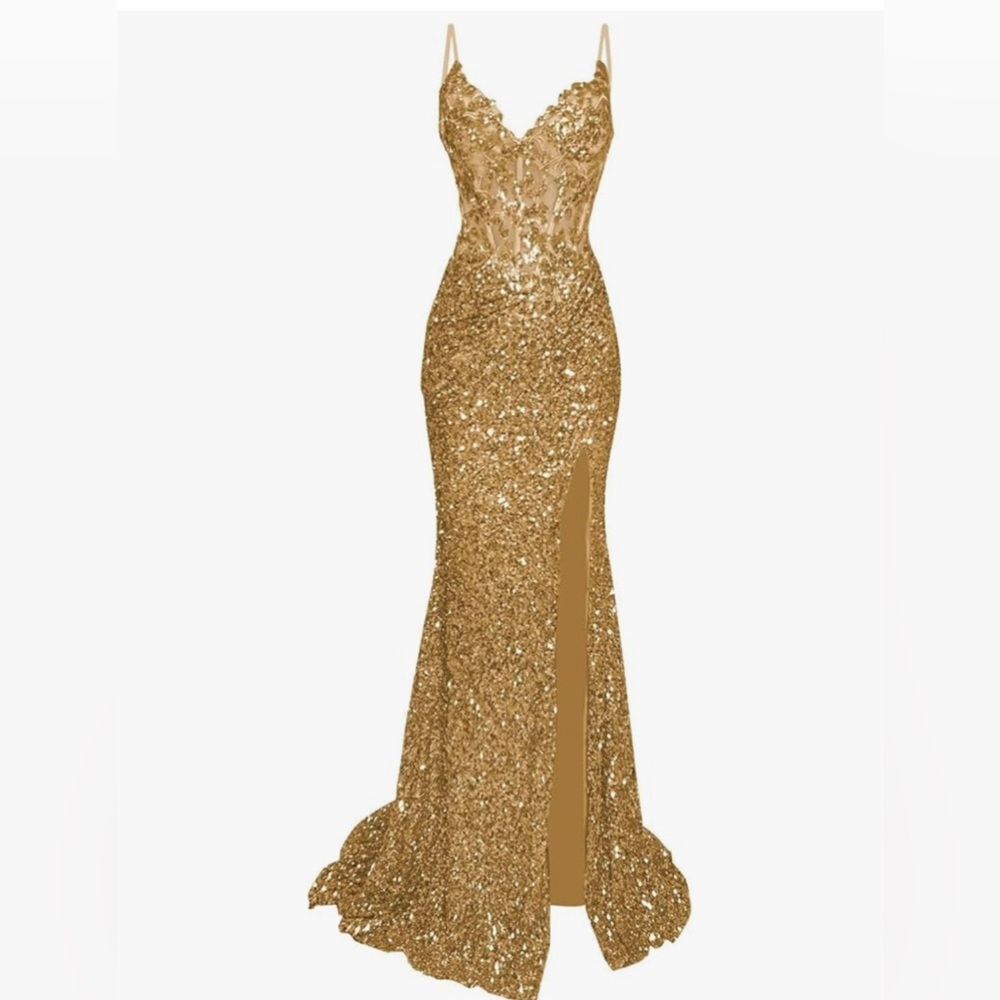 Elegant Wedding or Prom Gold Sequin Evening Gown